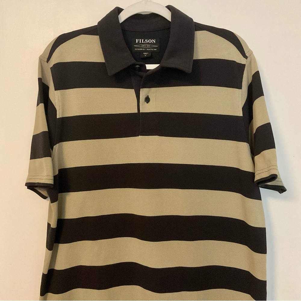 Filson Men’s Striped Polo Shirt Kakai & Faded Blue - Picture 3 of 14